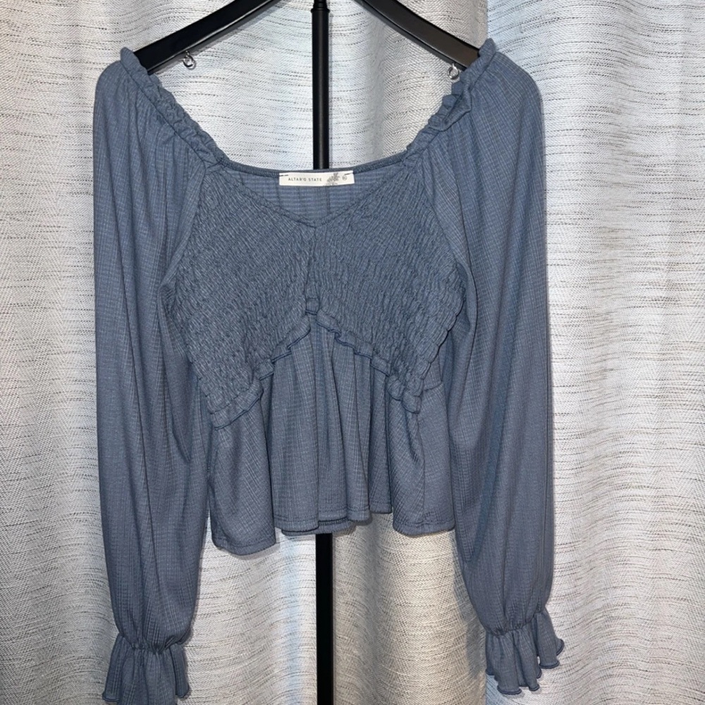 Women's Altar'd State Blue Smocked Blouse Long Sleeved